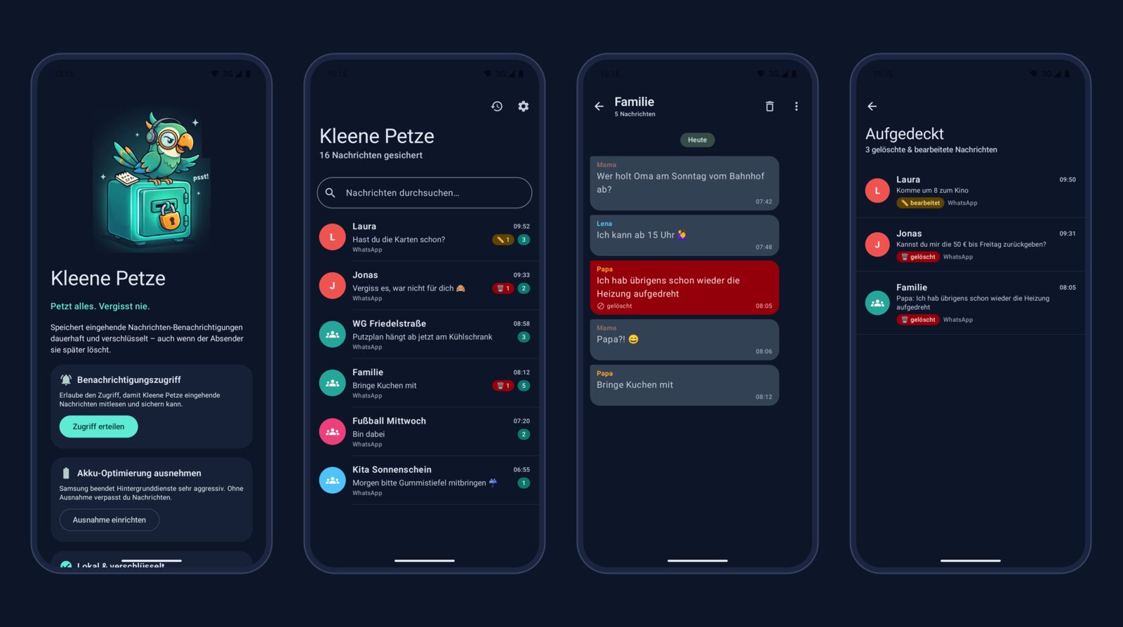 Four screens of the German interface with invented chats: the welcome screen, the chat list, a chat with a deleted message highlighted in red, and the Uncovered view